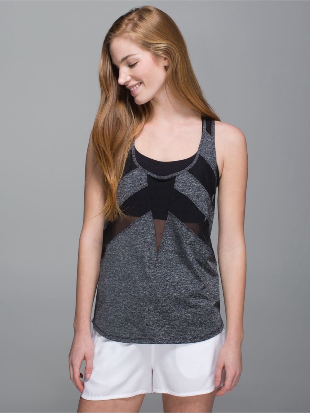lululemon athletica If You’re Lucky Grey and Black Mesh Panel Tank